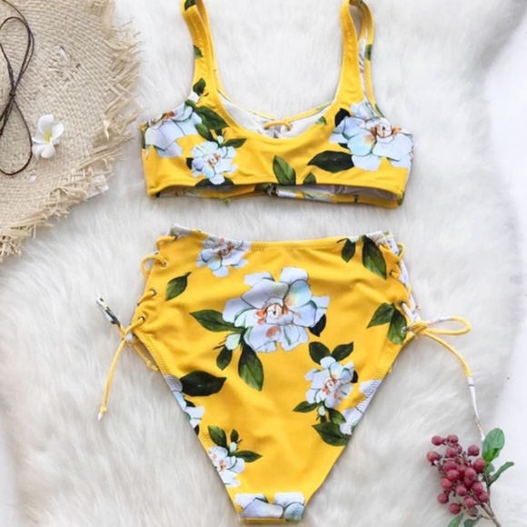 {October Love} Yellow Floral High Waisted Bikini - Picture 2 of 5